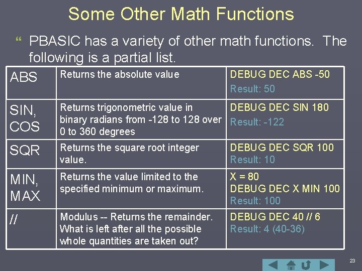 Some Other Math Functions PBASIC has a variety of other math functions. The following