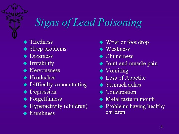 Signs of Lead Poisoning u u u Tiredness Sleep problems Dizziness Irritability Nervousness Headaches