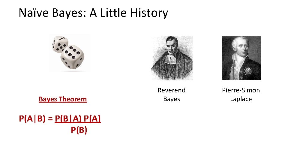 Naïve Bayes: A Little History Bayes Theorem P(A|B) = P(B|A) P(B) Reverend Bayes Pierre-Simon