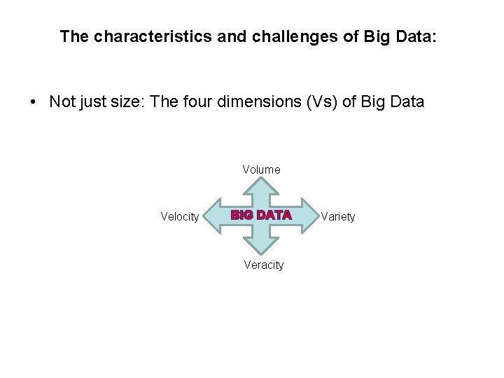 The characteristics and challenges of Big Data: • Not just size: The four dimensions