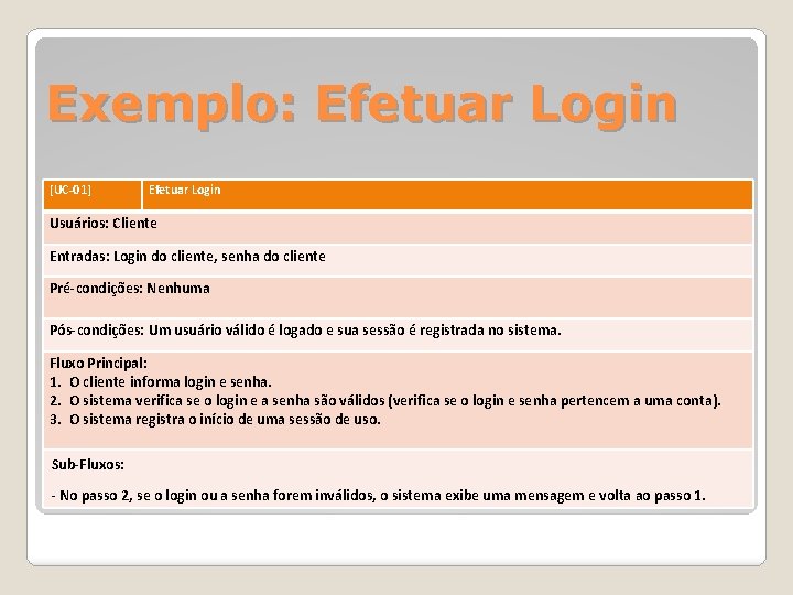 Exemplo: Efetuar Login [UC-01] Efetuar Login Usuários: Cliente Entradas: Login do cliente, senha do