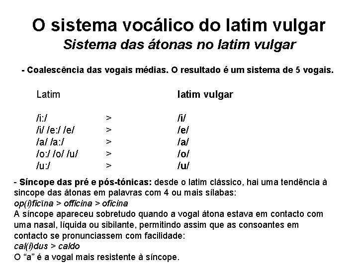 O sistema vocálico do latim vulgar Sistema das átonas no latim vulgar - Coalescência O sistema vocálico do latim vulgar Sistema das átonas no latim vulgar - Coalescência