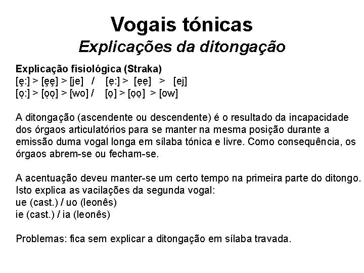 Vogais tónicas Explicações da ditongação Explicação fisiológica (Straka) [ȩ: ] > [ȩȩ] > [je]