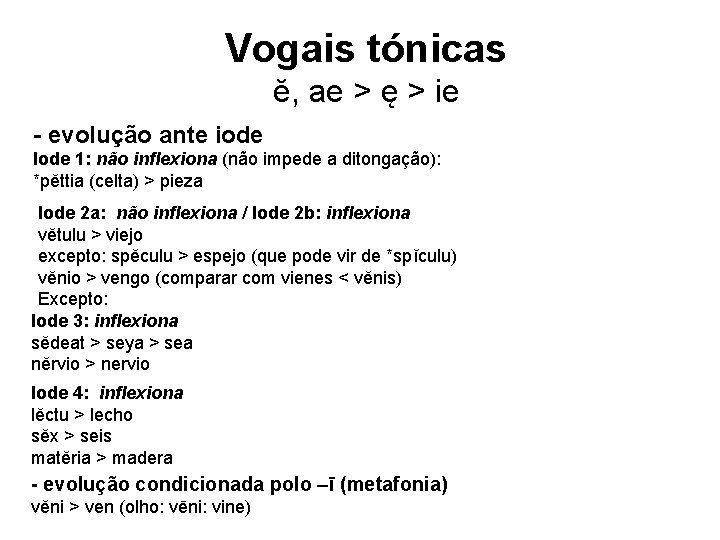 Vogais tónicas ĕ, ae > ę > ie - evolução ante iode Iode 1: