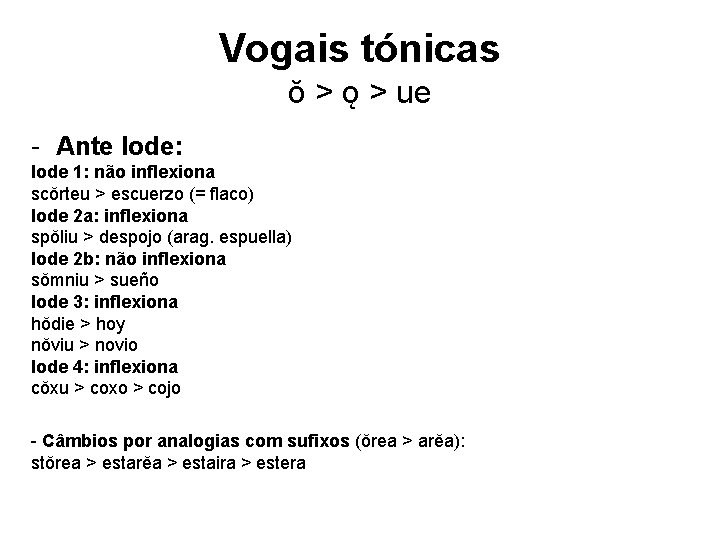 Vogais tónicas ŏ > ǫ > ue - Ante Iode: Iode 1: não inflexiona Vogais tónicas ŏ > ǫ > ue - Ante Iode: Iode 1: não inflexiona