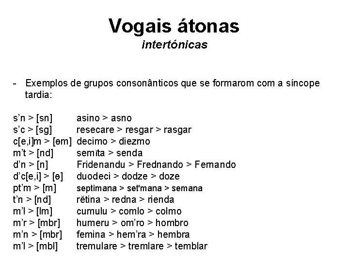 Vogais átonas intertónicas - Exemplos de grupos consonânticos que se formarom com a síncope