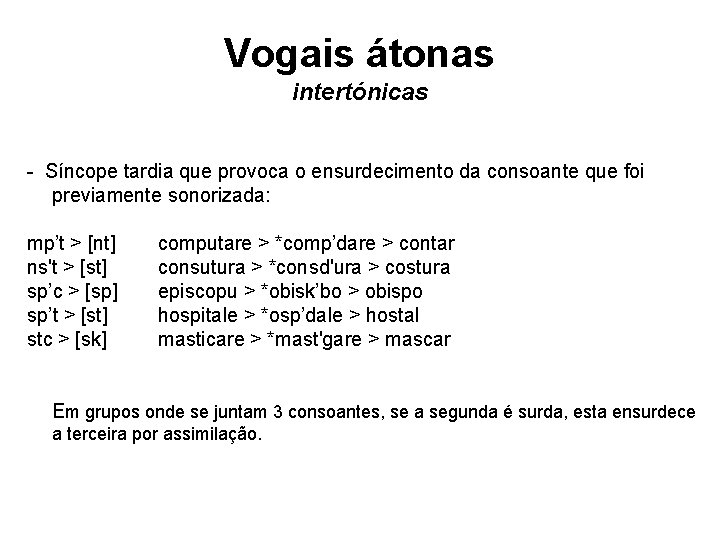 Vogais átonas intertónicas - Síncope tardia que provoca o ensurdecimento da consoante que foi Vogais átonas intertónicas - Síncope tardia que provoca o ensurdecimento da consoante que foi