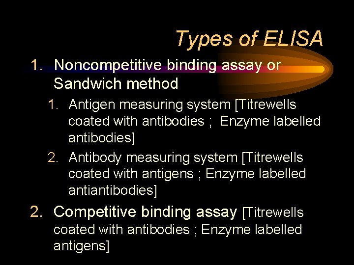 Types of ELISA 1. Noncompetitive binding assay or Sandwich method 1. Antigen measuring system