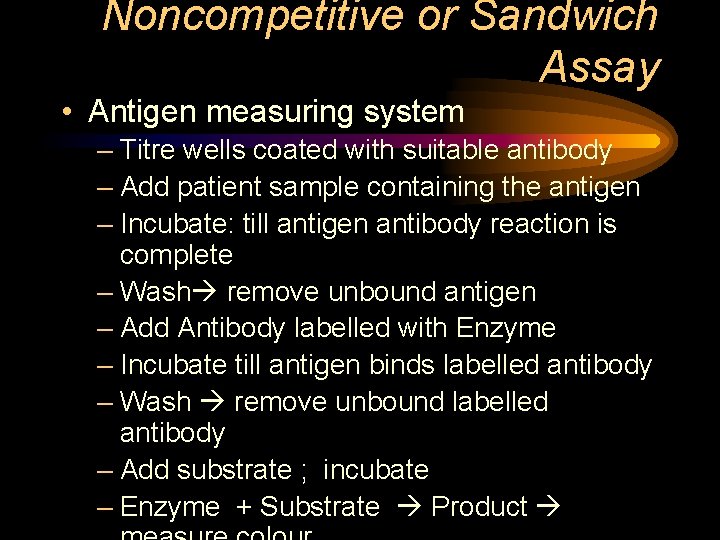 Noncompetitive or Sandwich Assay • Antigen measuring system – Titre wells coated with suitable