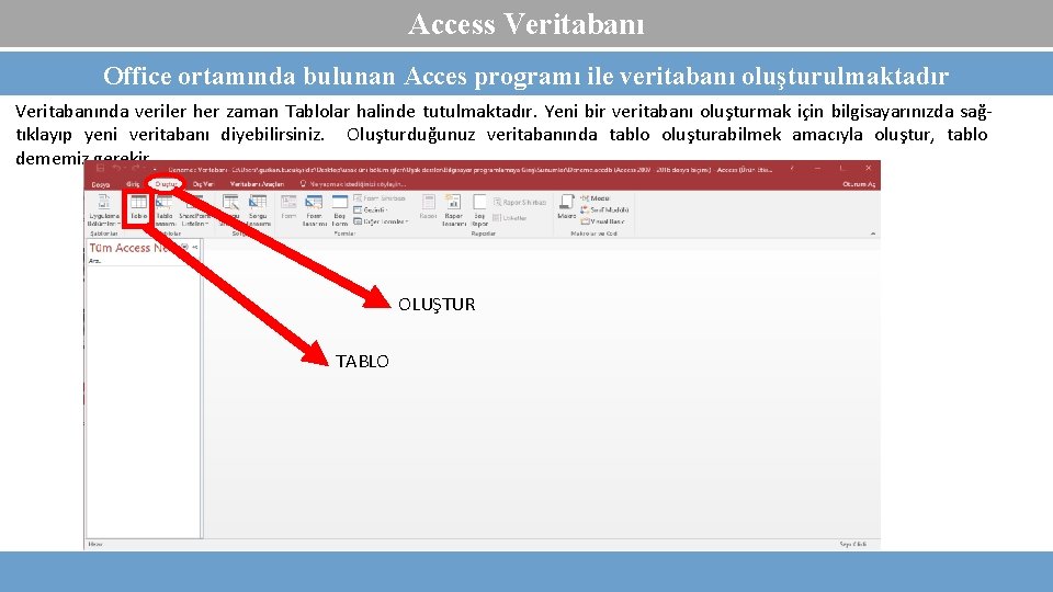 Access Veritabanı Office ortamında bulunan Acces programı ile veritabanı oluşturulmaktadır Veritabanında veriler her zaman