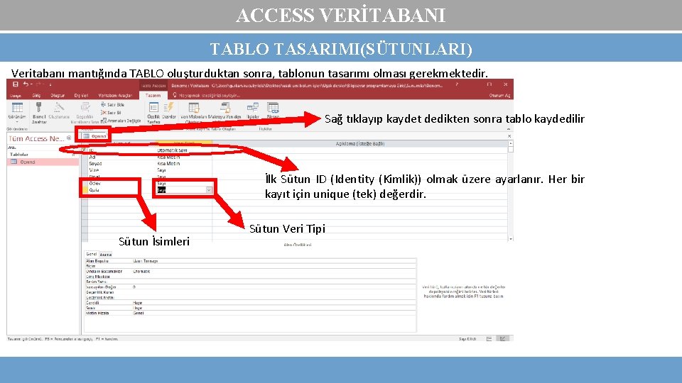 ACCESS VERİTABANI TABLO TASARIMI(SÜTUNLARI) Veritabanı mantığında TABLO oluşturduktan sonra, tablonun tasarımı olması gerekmektedir. Sağ