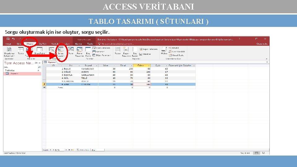 ACCESS VERİTABANI TABLO TASARIMI ( SÜTUNLARI ) Sorgu oluşturmak için ise oluştur, sorgu seçilir.