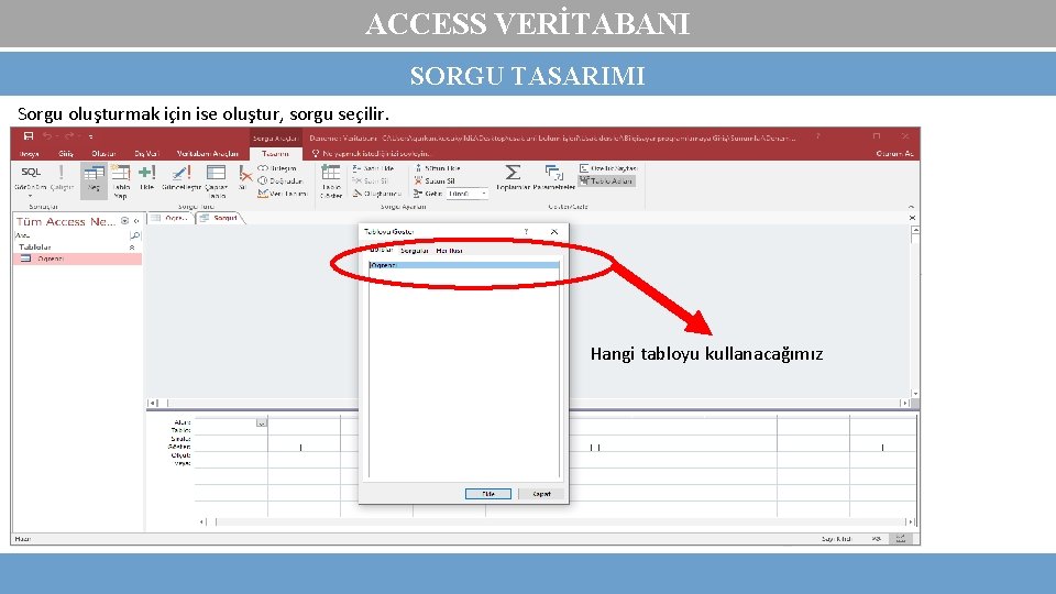 ACCESS VERİTABANI SORGU TASARIMI Sorgu oluşturmak için ise oluştur, sorgu seçilir. Hangi tabloyu kullanacağımız