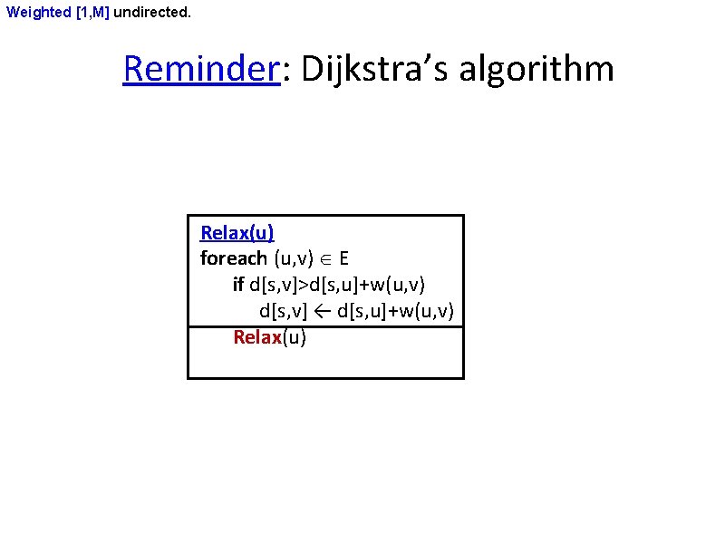 Weighted [1, M] undirected. Reminder: Dijkstra’s algorithm Relax(u) Dijkstra(G, s) Q←{s} (u, v) E