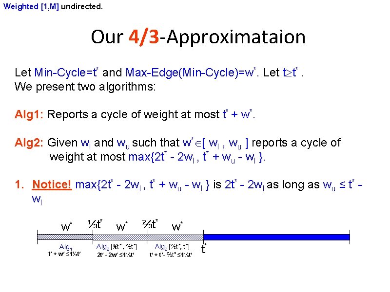 Weighted [1, M] undirected. Our 4/3 -Approximataion Let Min-Cycle=t* and Max-Edge(Min-Cycle)=w*. Let t t*.