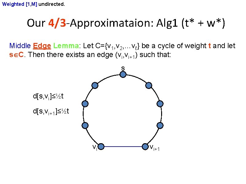 Weighted [1, M] undirected. Our 4/3 -Approximataion: Alg 1 (t* + w*) Middle Edge