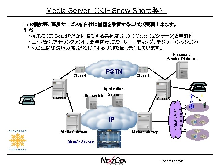 Media Server（米国Snow Shore製） IVR機能等、高度サービスを自社に機器を設置することなく実現出来ます。 特徴 　* 従来のCTI Boardを遙かに凌駕する集積度（20, 000 Voice Ch/シャーシ)と経済性 * 主な機能（アナウンスメント、会議電話、IVR、レコーディング、デジットコレクション） *