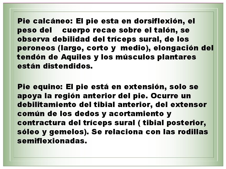 Pie calcáneo: El pie esta en dorsiflexión, el peso del cuerpo recae sobre el