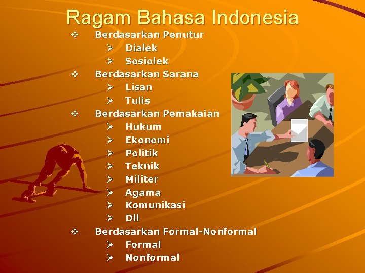 Ragam Bahasa Indonesia v v Berdasarkan Penutur Ø Dialek Ø Sosiolek Berdasarkan Sarana Ø