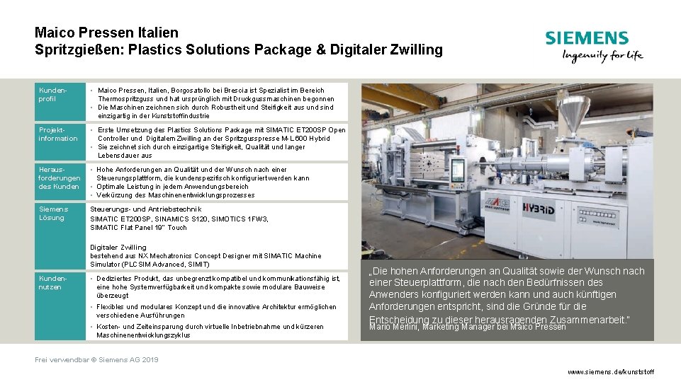 Maico Pressen Italien Spritzgießen: Plastics Solutions Package & Digitaler Zwilling Kundenprofil • Maico Pressen,