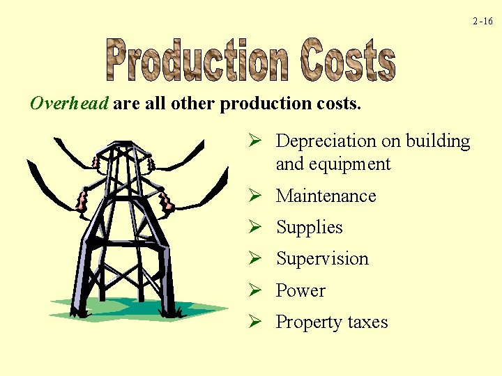 2 -16 Overhead are all other production costs. Ø Depreciation on building and equipment