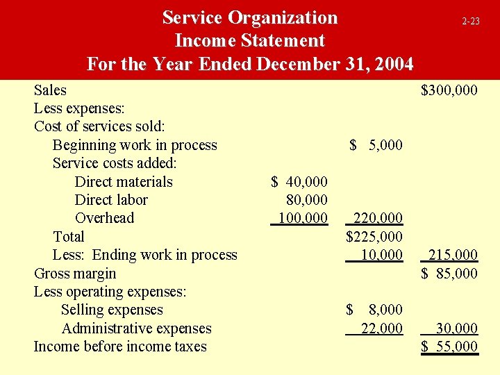 Service Organization Income Statement For the Year Ended December 31, 2004 Sales Less expenses: