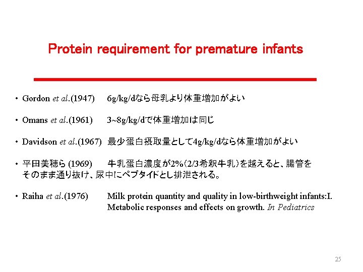 Protein requirement for premature infants • Gordon et al. (1947) 6 g/kg/dなら母乳より体重増加がよい • Omans