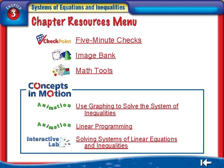 Five-Minute Checks Image Bank Math Tools Use Graphing to Solve the System of Inequalities