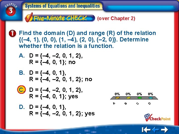 (over Chapter 2) Find the domain (D) and range (R) of the relation {(–