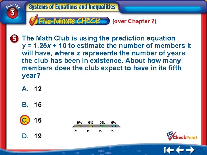 (over Chapter 2) The Math Club is using the prediction equation y = 1.
