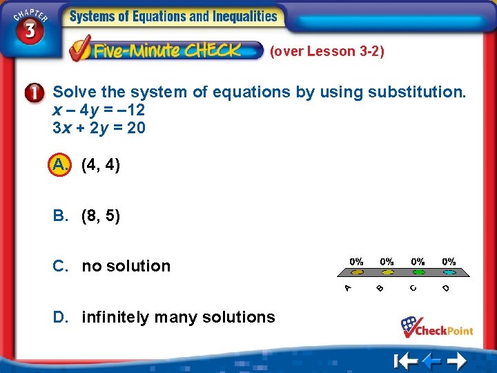 (over Lesson 3 -2) Solve the system of equations by using substitution. x –