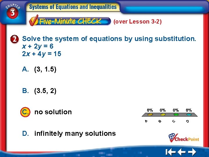 (over Lesson 3 -2) Solve the system of equations by using substitution. x +