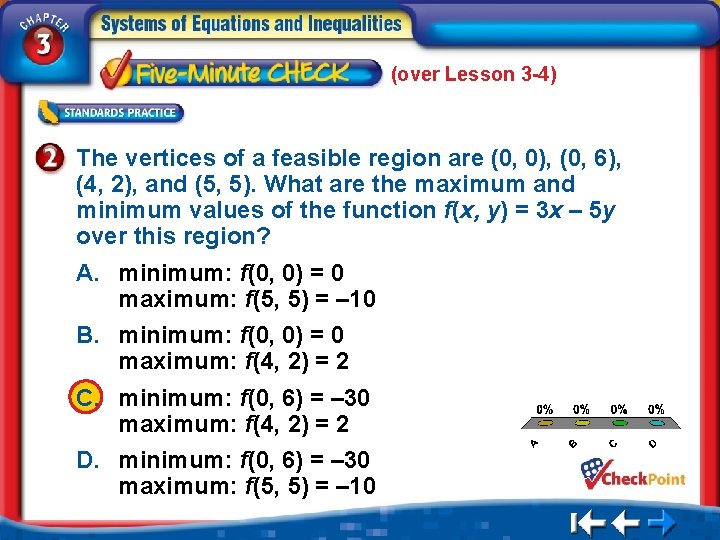 (over Lesson 3 -4) The vertices of a feasible region are (0, 0), (0,