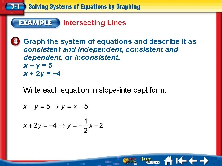 Intersecting Lines Graph the system of equations and describe it as consistent and independent,