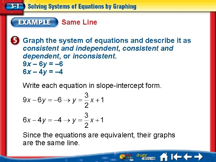 Same Line Graph the system of equations and describe it as consistent and independent,