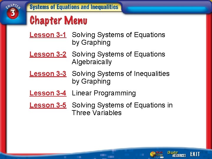 Lesson 3 -1 Solving Systems of Equations by Graphing Lesson 3 -2 Solving Systems
