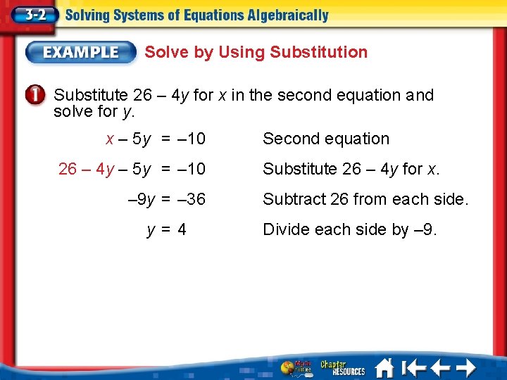 Solve by Using Substitution Substitute 26 – 4 y for x in the second