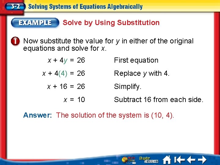 Solve by Using Substitution Now substitute the value for y in either of the