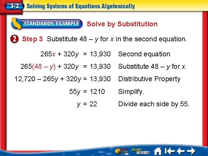 Solve by Substitution Step 3 Substitute 48 – y for x in the second