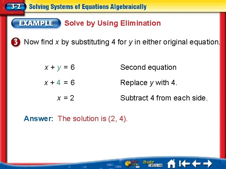 Solve by Using Elimination Now find x by substituting 4 for y in either