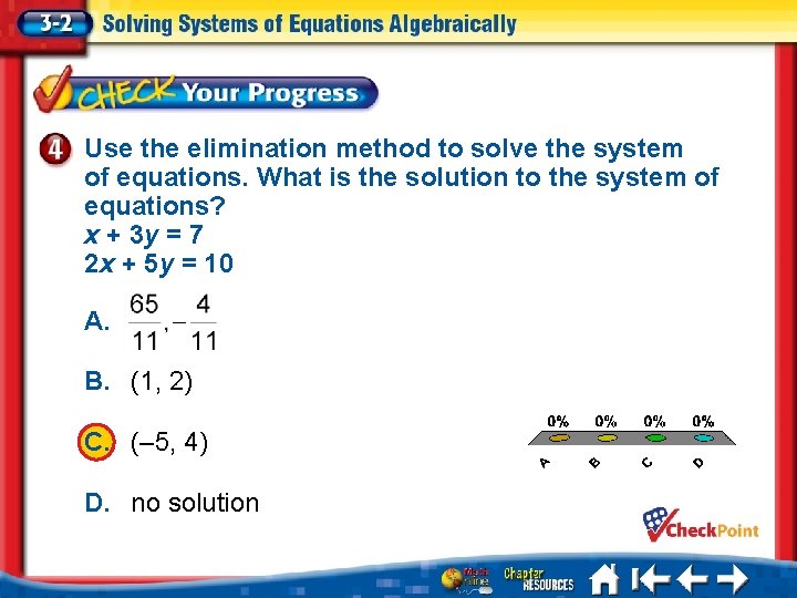 Use the elimination method to solve the system of equations. What is the solution