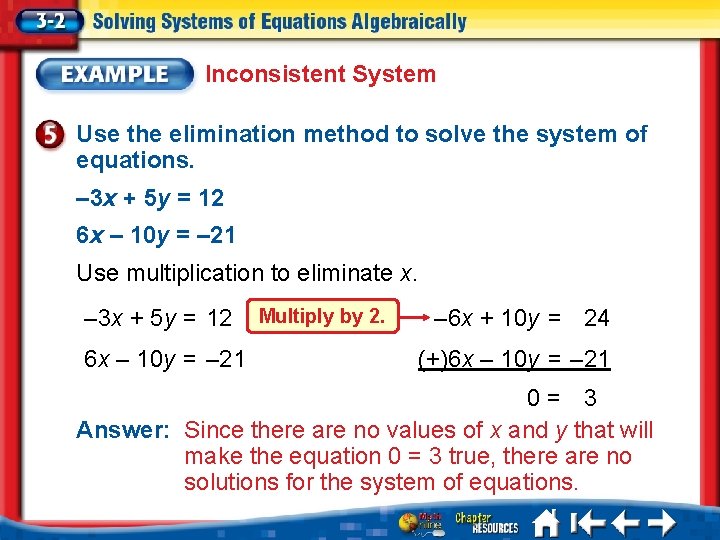 Inconsistent System Use the elimination method to solve the system of equations. – 3