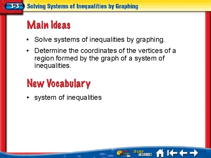  • Solve systems of inequalities by graphing. • Determine the coordinates of the