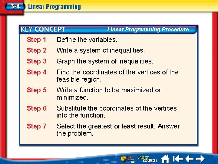 Linear Programming Procedure Step 1 Define the variables. Step 2 Write a system of