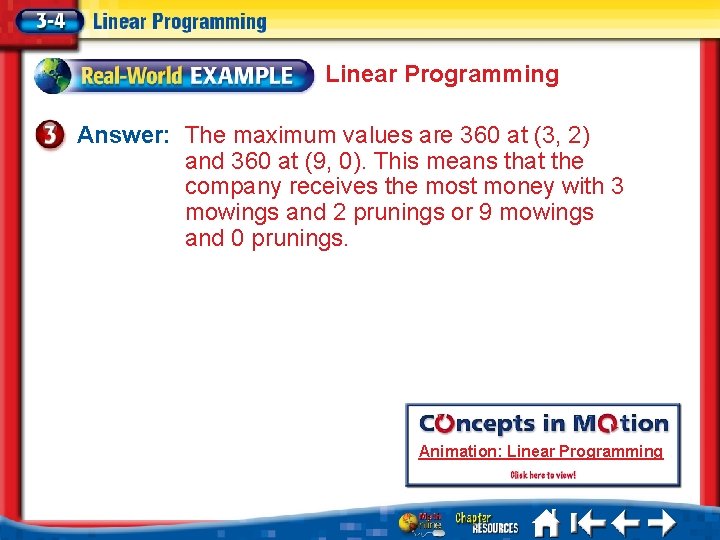 Linear Programming Answer: The maximum values are 360 at (3, 2) and 360 at