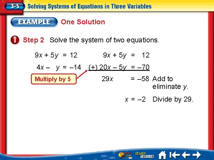 One Solution Step 2 Solve the system of two equations. 9 x + 5