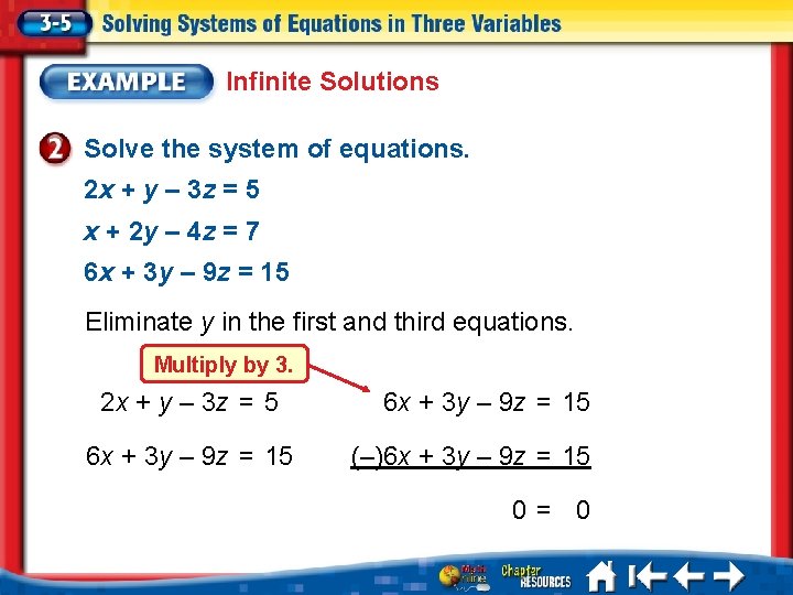 Infinite Solutions Solve the system of equations. 2 x + y – 3 z