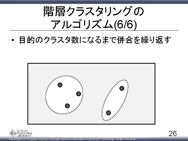 階層クラスタリングの アルゴリズム(6/6) • 目的のクラスタ数になるまで併合を繰り返す Department of Computer Science, Graduate School of Information Science and