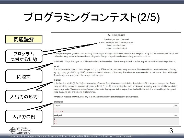 プログラミングコンテスト(2/5) 問題読解 プログラム に対する制約 問題文 入出力の形式 入出力の例 Department of Computer Science, Graduate School of