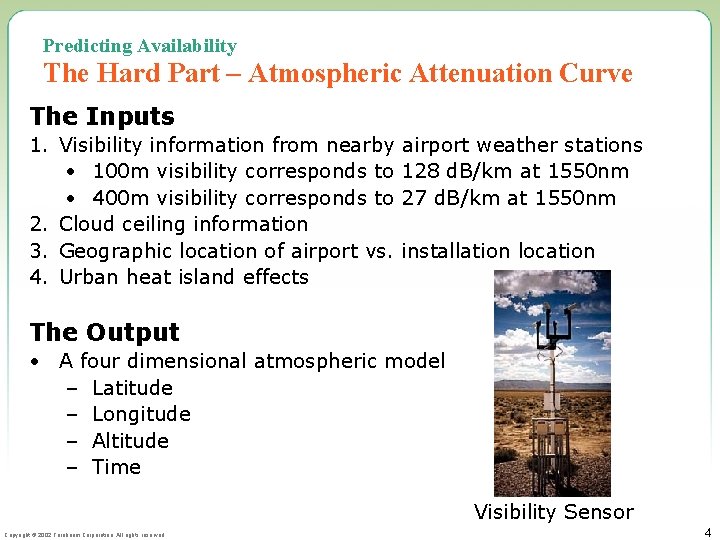 Predicting Availability The Hard Part – Atmospheric Attenuation Curve The Inputs 1. Visibility information
